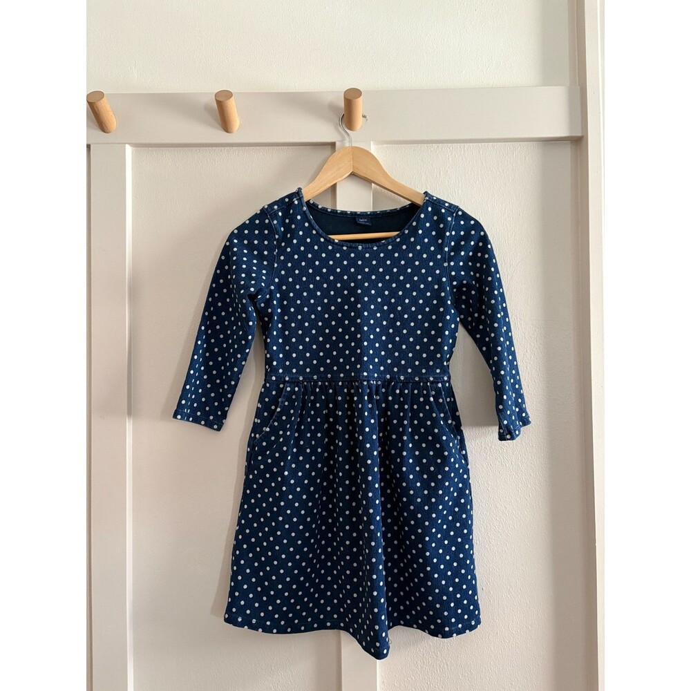 GAP 1969 Denim Knit Polka Dot Girls Dress Large 10 12 Pockets Long Sleeve EUC